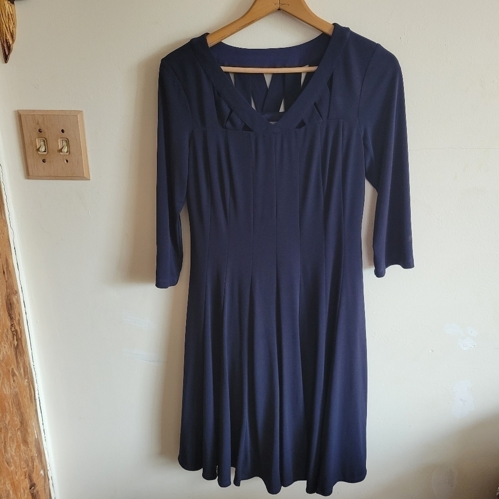 RABBIT Rabbit Rabbit 3/4 Sleeve Cocktail Dress Cut Outs Navy Blue Lined 10
